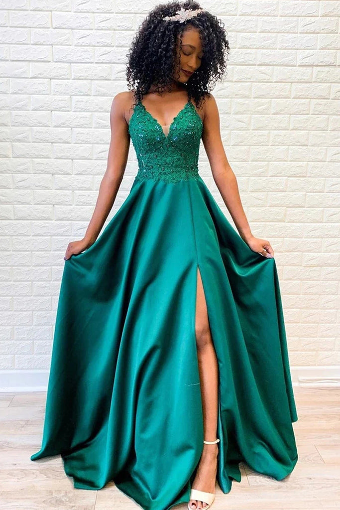 Sexy Satin A-line Prom Dresses With Appliques And Beads Evening Gowns –  Vickidress