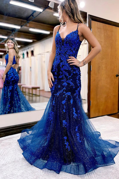 Cute Mermaid V Neck Navy Tulle Prom Dresses with Appliques VK23010805