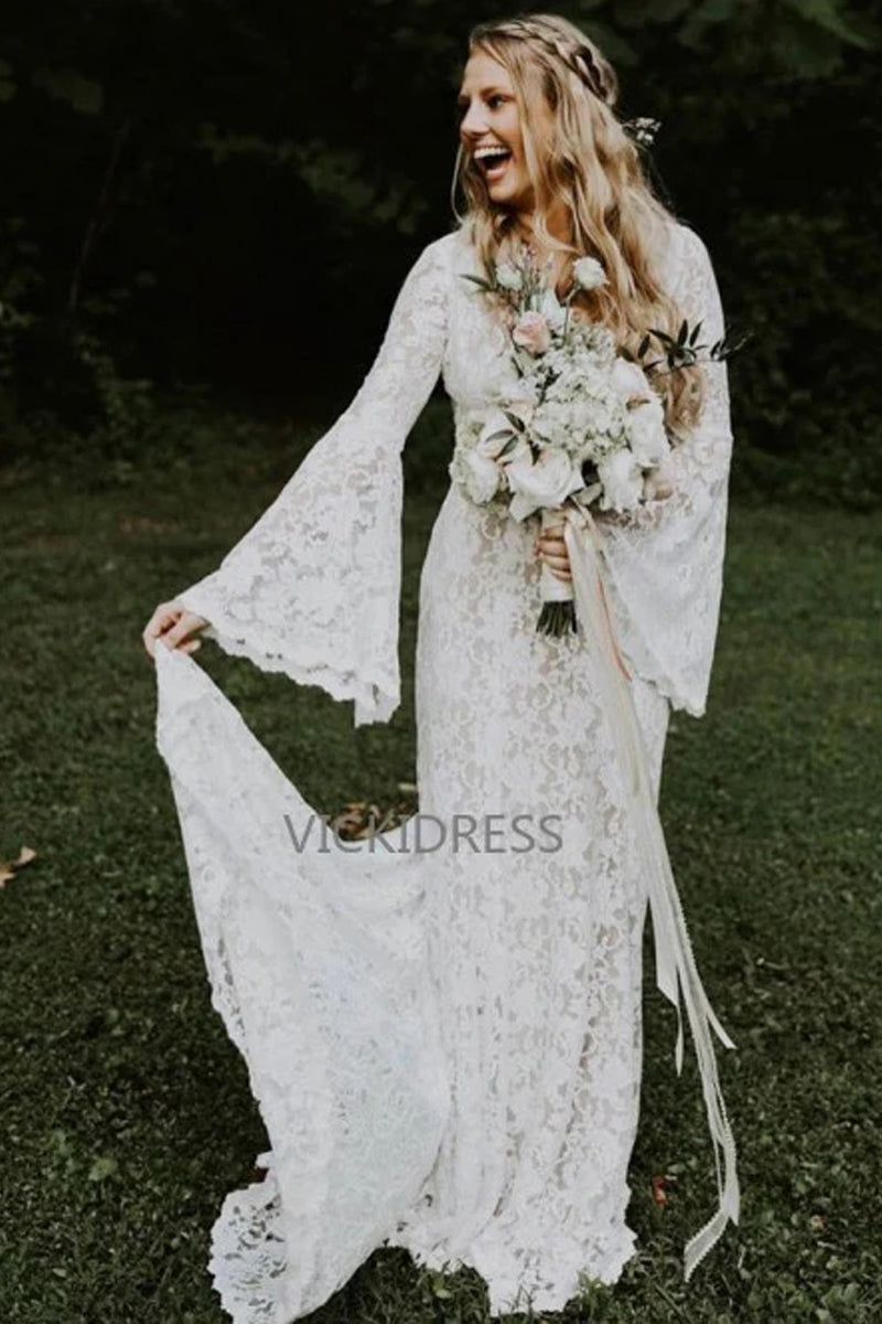 Mermaid V-Neck Bell Sleeves Sweep Train Lace Wedding Dresses VK0530001