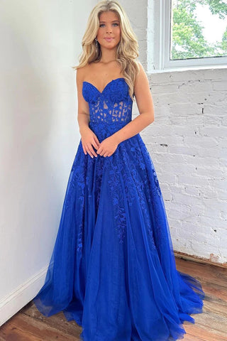 Cute A Line Sweetheart Royal Blue Tulle Long Prom Dresses with Appliques VK23060901