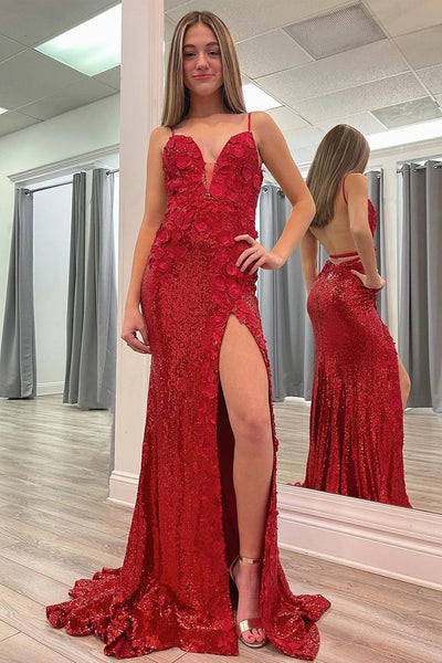 Charming Mermaid V Neck Red Sequins Prom Dresses with Lace VK121502