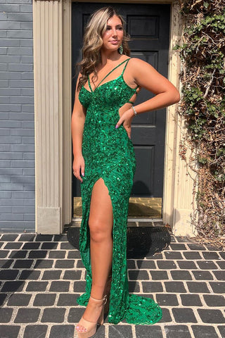 Green Sequin Lace Mermaid Long Prom Dresses with Slit VK24010505