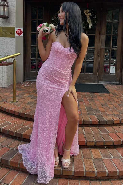 Mermaid Sweetheart Pink Sequins Long Prom Dresses with Slit VK26011310