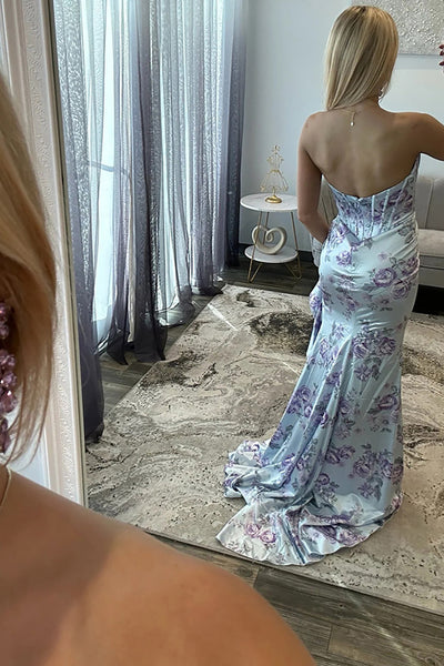 Mermaid Strapless Blue Floral Printed Satin Ruffled Long Prom Dresses with Slit VK26010710