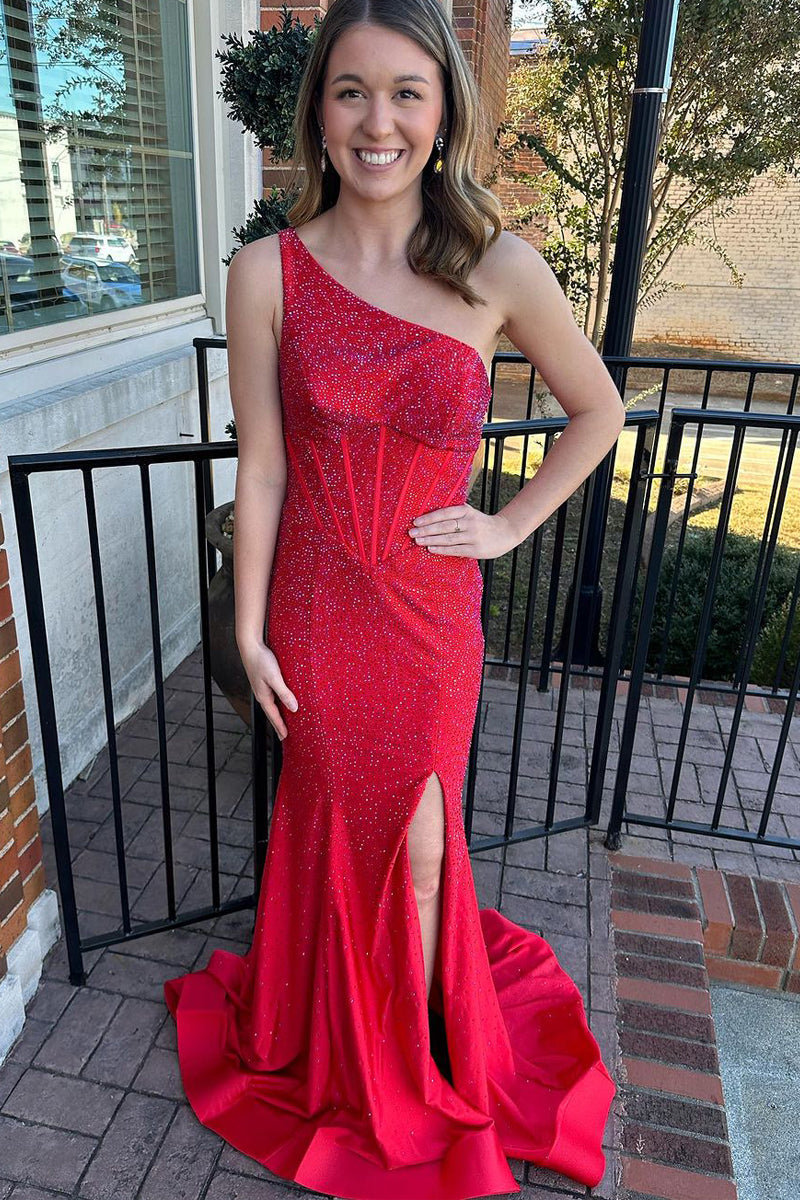 Red Beaded One Shoulder Long Prom Dresses with Slit VK23111205