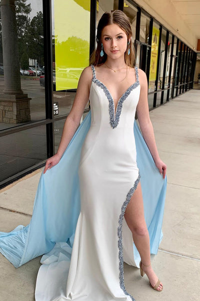 White V Neck Satin Mermaid Long Prom Dresses with Slit VK23122907