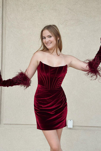 Burgundy Strapless Velvet Short Tight Homecoming Dress VK23090709