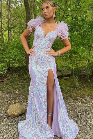 Lavender Mermaid V Neck Sequin Lace Long Prom Evening Dresses with Feather VK23090910