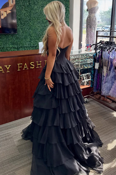 Cute A Line Sweetheart Black Chiffon Tiered Prom Dress with Beading VK16020609