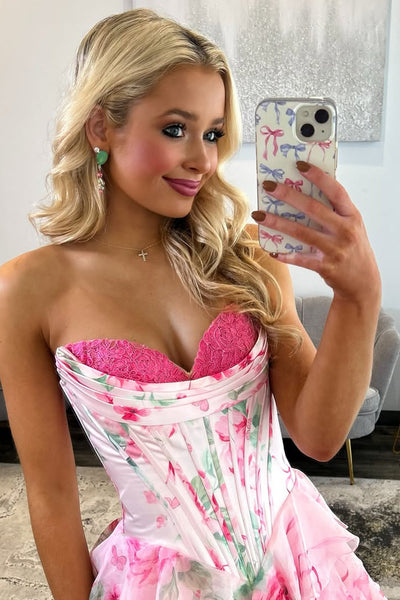 A Line Sweetheart Pink Floral Chiffon Prom Dress with Appliques VK25112406