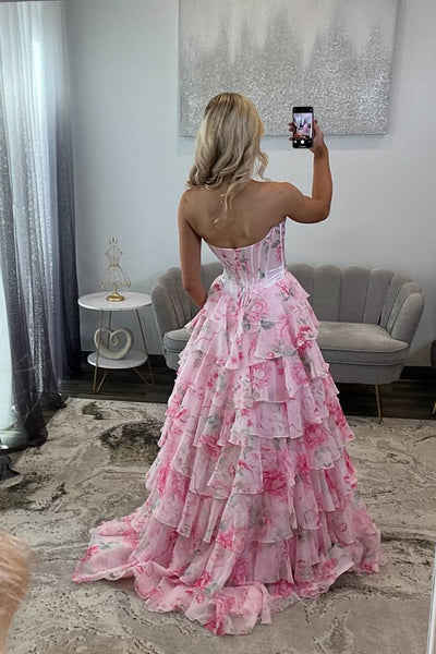 A Line Sweetheart Pink Floral Chiffon Prom Dress with Appliques VK25112406