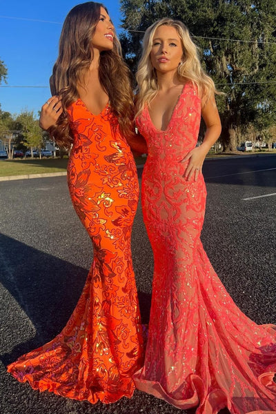 Romantic Mermaid V Neck Orange Sequin Lace Long Prom Dress VK23123004