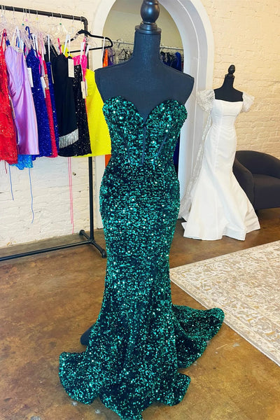 Hunter Green Strapless Mermaid Sequins Long Prom Dress VK23102910