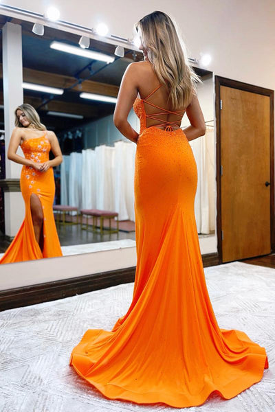 Orange One Shoulder Sequins Long Mermaid Prom Dress VK23100402