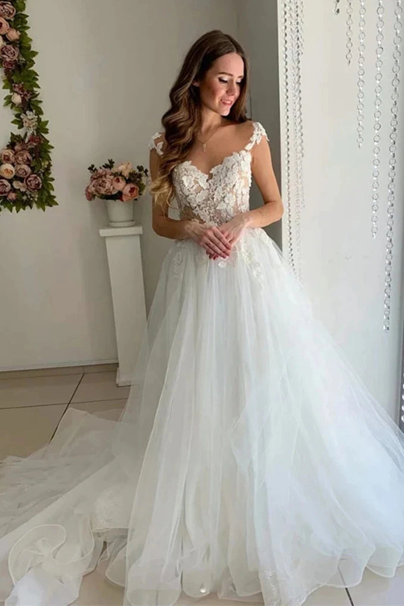 Cap Sleeves White Lace Long Wedding Dresses VK0608001