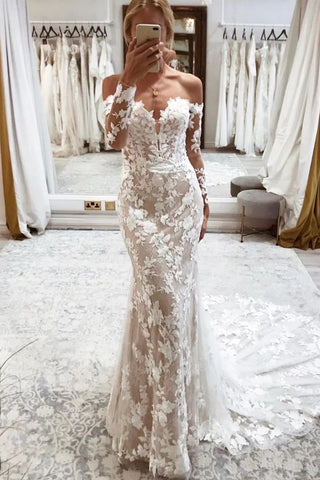 Elegant Mermaid Off the Shoulder Lace Long Sleeves Wedding Dresses VK23012702