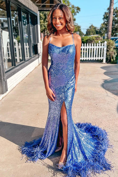 Sparkly Mermaid Scoop Neck Navy Sequins Long Prom Dresses with Slit VK111701