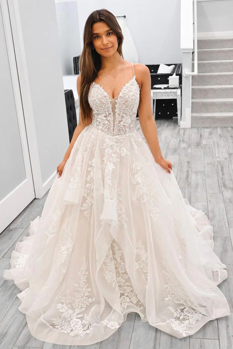 Elegant A Line V Neck Tulle Wedding Dresses with Appliques VK23050407