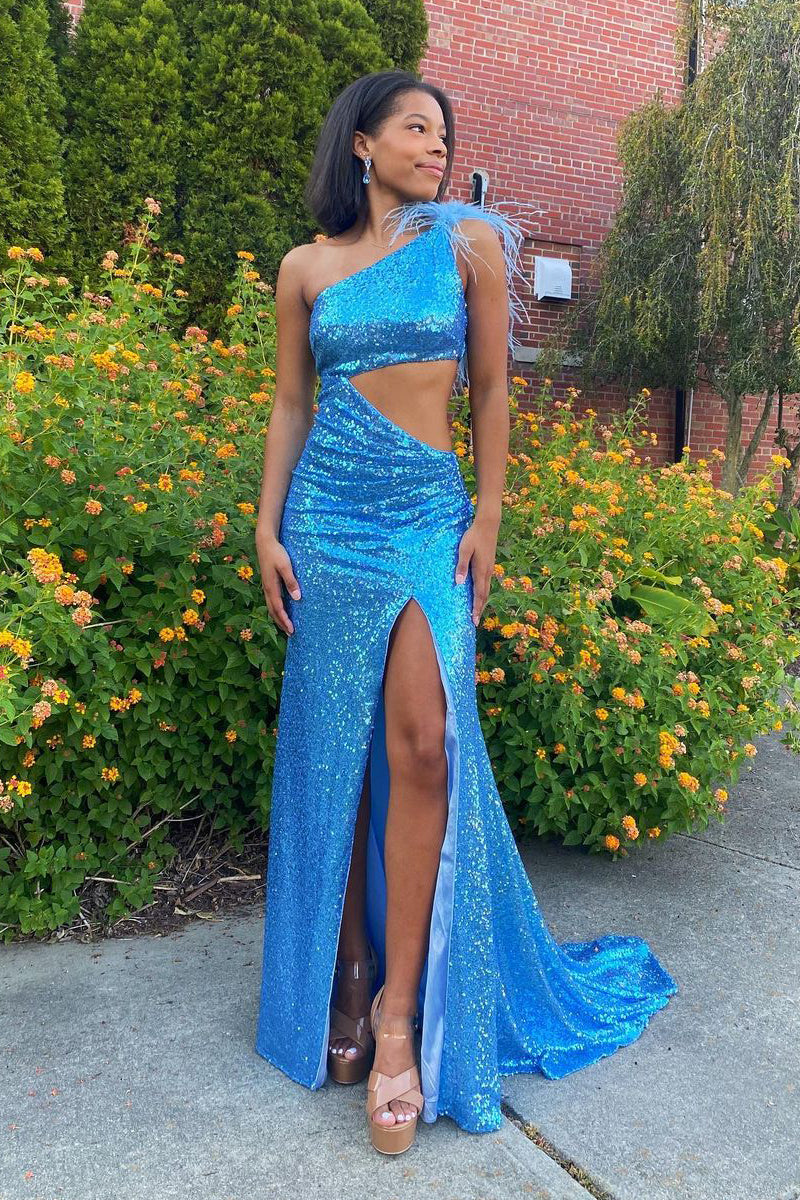 Cute Mermaid One Shoulder Royal Blue Sequins Prom Dresses with Slit VK23011305