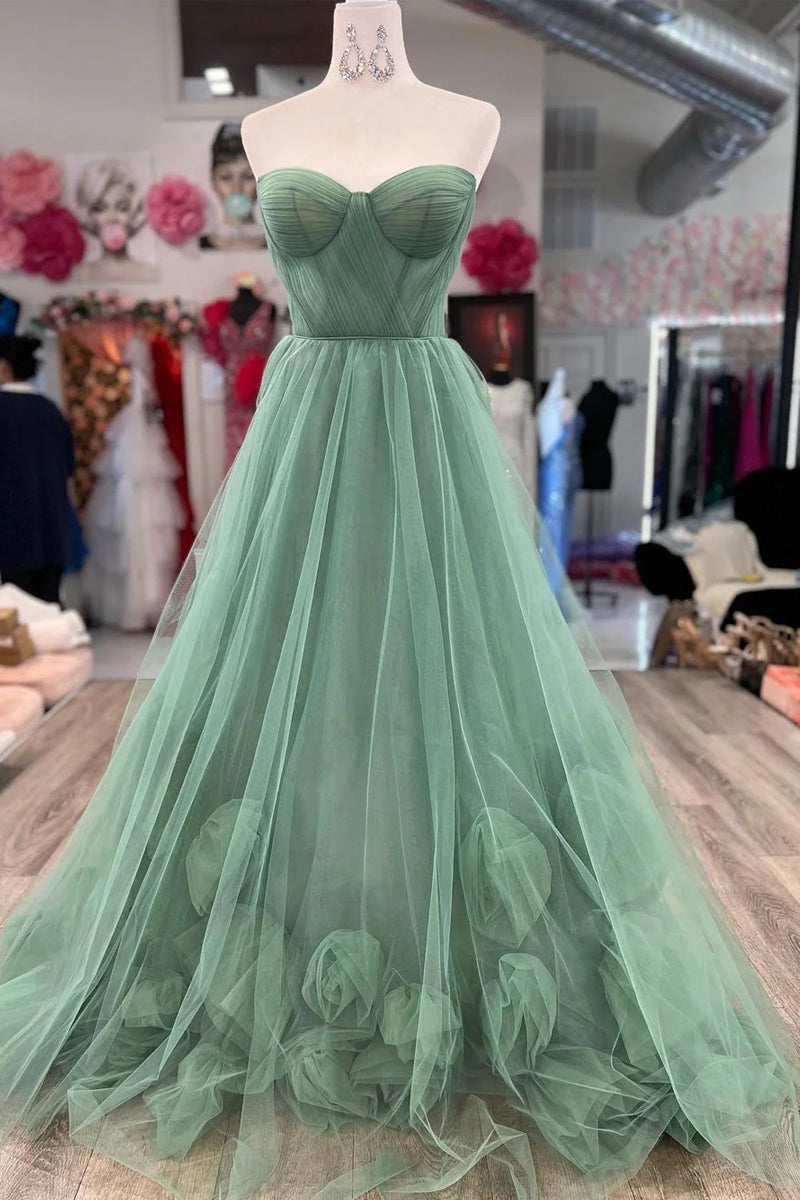 Cute A Line Sweetheart Sage Green Tulle Long Prom Dresses VK23012004