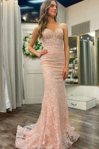 Cute Mermaid Sweetheart Blush Pink Glitter Lace Long Prom Dresses VK23051804