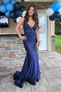 Charming Mermaid V Neck Navy Blue Satin Long Prom Dresses with Beading VK23050401