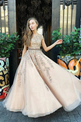 Elegant Bateau A-line Prom Dresses Tulle Appliqued Evening Gowns Champagne Prom Dresses VK0119016