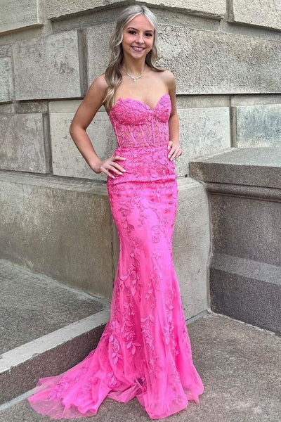 Cute Mermaid Sweetheart Hot Pink Long Prom Dresses with Appliques VK23050604