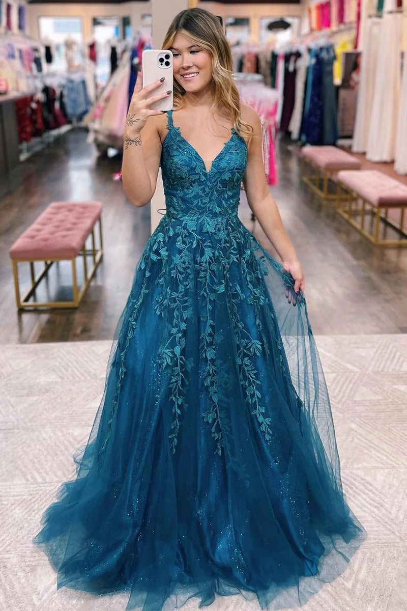 Cute A Line V Neck Teal Tulle Prom Dresses with Lace VK121505 – Vickidress