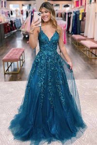 Cute A Line V Neck Teal Tulle Prom Dresses with Lace VK121505