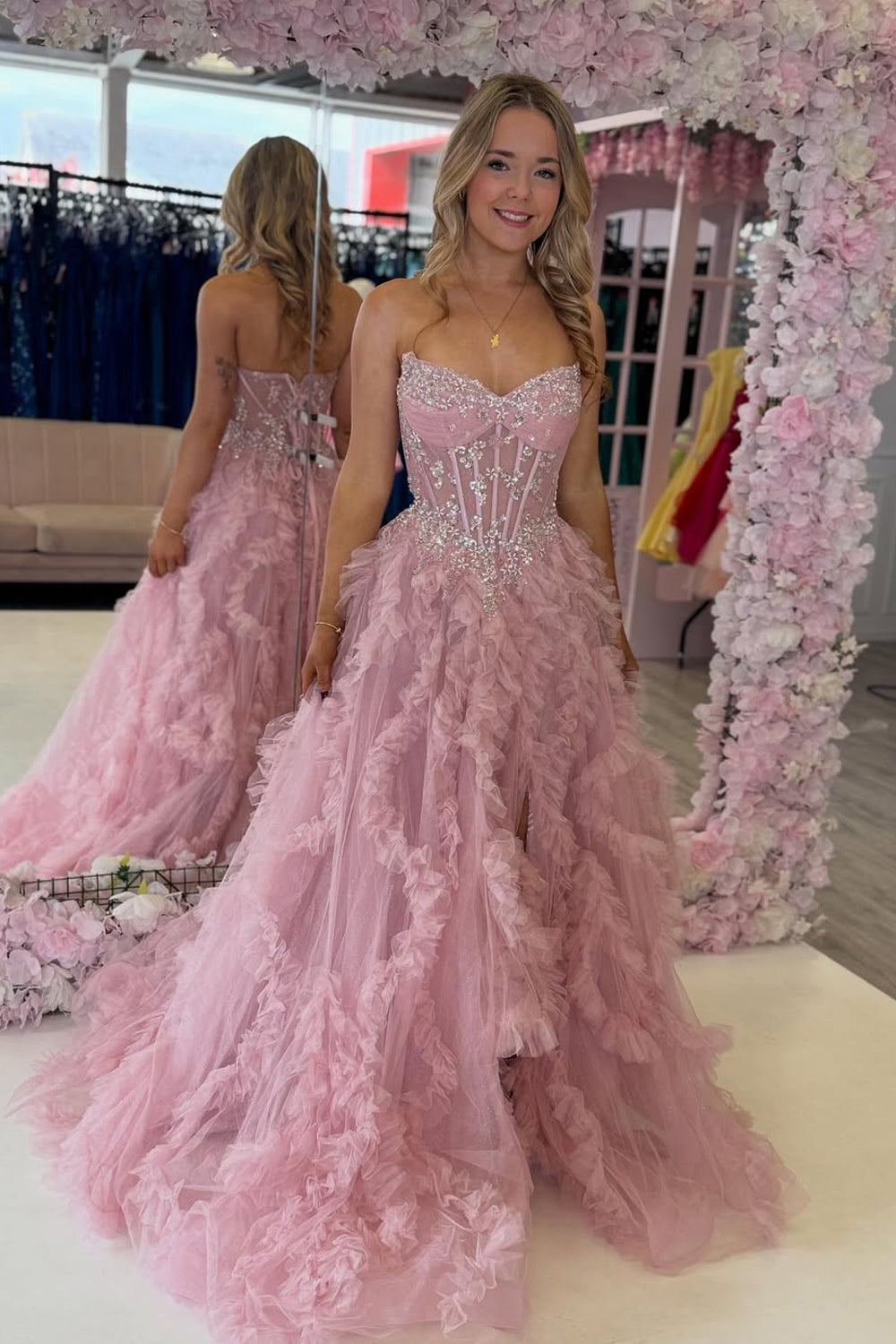 Fairy A Line V Neck Blush Pink Tulle Tiered Prom Dress with Beading VK110202
