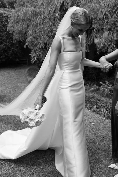 Elegant Mermaid Square Neck Twill Satin Long Wedding Dresses VK24100707