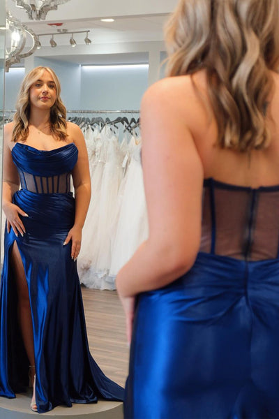 Mermaid Strapless Navy Blue Satin Long Prom Dresses VK24012805