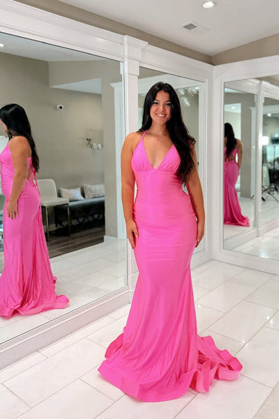 Elegant Mermaid V Neck Fuchsia Pink Satin Prom Dress VK5111403
