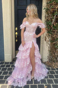 Pink Off the Shoulder Tiered Sequin Tulle Mermaid Long Prom Dresses VK24010502