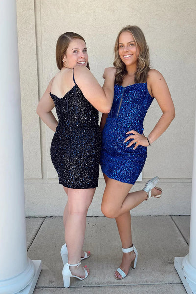 Glitter Royal Blue Corset Tight Short Sequins Homecoming Dress VK23090501