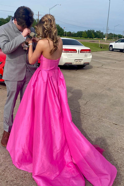 Fuchsia Strapless Satin Sweeping Long Prom Dress VK23092409