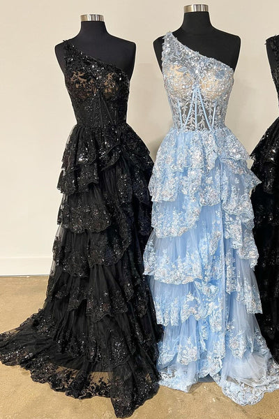 Unique One Shoulder Gold Sequin Tulle Ruffle Tiered Long Prom Dress with Slit VK23122101