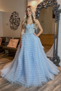 Blue Sweetheart Ruffle Tiered Tulle Long Prom Dresses with Appliques VK24032204
