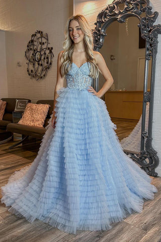 Blue Sweetheart Ruffle Tiered Tulle Long Prom Dresses with Appliques VK24032204