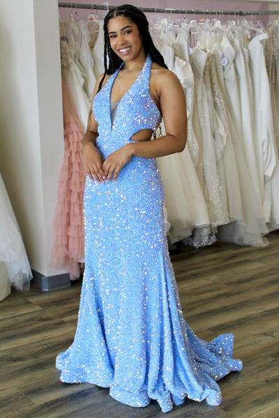 Blue Sequin Halter Trumpet Long Prom Dress VK23102803