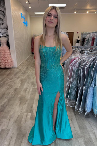 Stunning Mermaid Scoop Neck Hot Fix Satin Prom Dress with Slit VK162001
