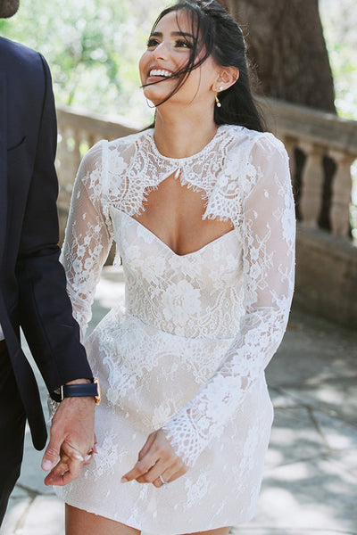 White A-Line Long Sleeves Round Neck Floral Lace Short Wedding Dresses VK26102803