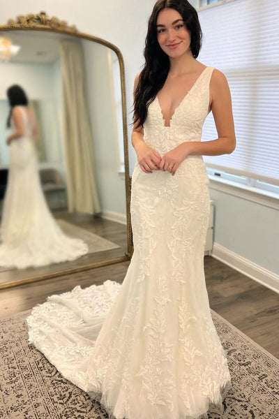 Elegant Mermaid V Neck Lace Wedding Dresses VK121604