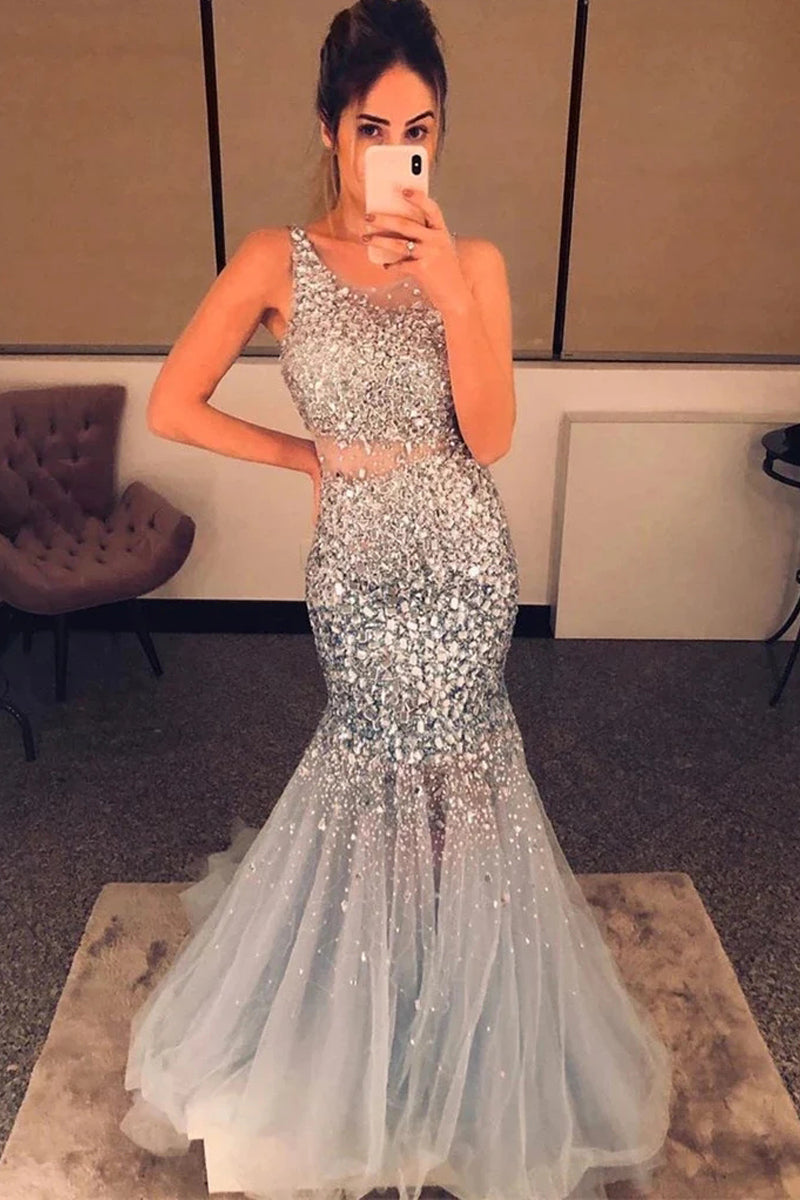 Mermaid Round Neck Light Grey Tulle Long Evening Dresses with Beading Prom Dresses VK0119024
