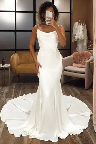 Whtie Mermaid Satin Sleeveless Wedding Dress With Sweep Train VK0701021