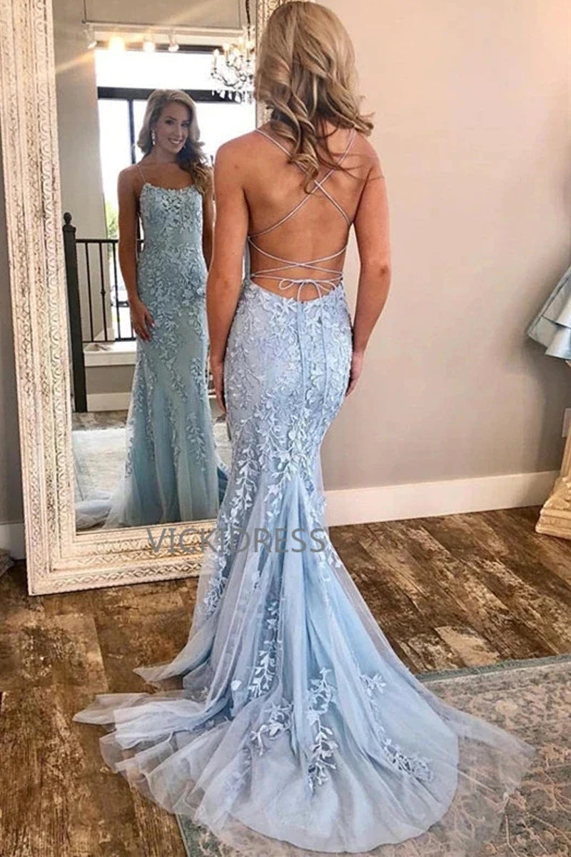 Free Shipping Charming Mermaid Prom Dresses Spaghetti Straps Tulle Prom Gowns with Appliques VK0105005