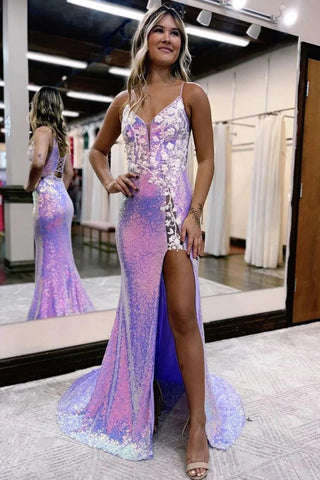 Charming Mermaid V Neck Lavender Sequins Long Prom Dresses with Appliques VK23052507