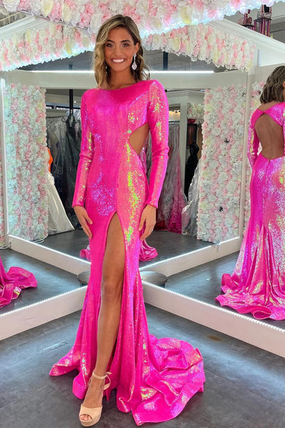 Sparkly Mermaid V Neck Hot Pink Sequins Pom Dresses with Long Sleevs VK23010902