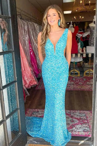 Sparkly Mermaid Deep V Neck Blue Sequins Prom Dresses VK120703